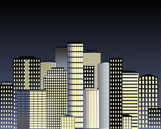 Vector illustration of City. Building. Skyscrapers. Window. Walls. Architectur. Urban landscape. Street light. Night city.