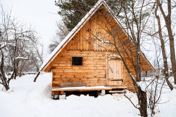 istock new small timber cottage in snow-covered garden 953174140