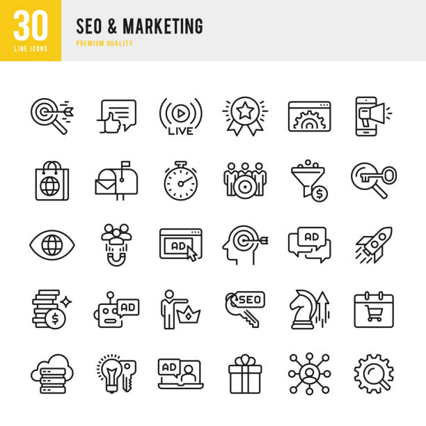 seo и маркетинг - набор тонкой линии векторных иконок - filter tip stock illustrations
