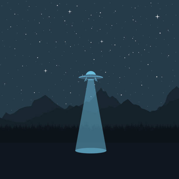 UFO. A spaceship in the background of a mountain landscape UFO. A spaceship in the background of a mountain landscape, a dark starry sky. Vector illustration. military invasion stock illustrations
