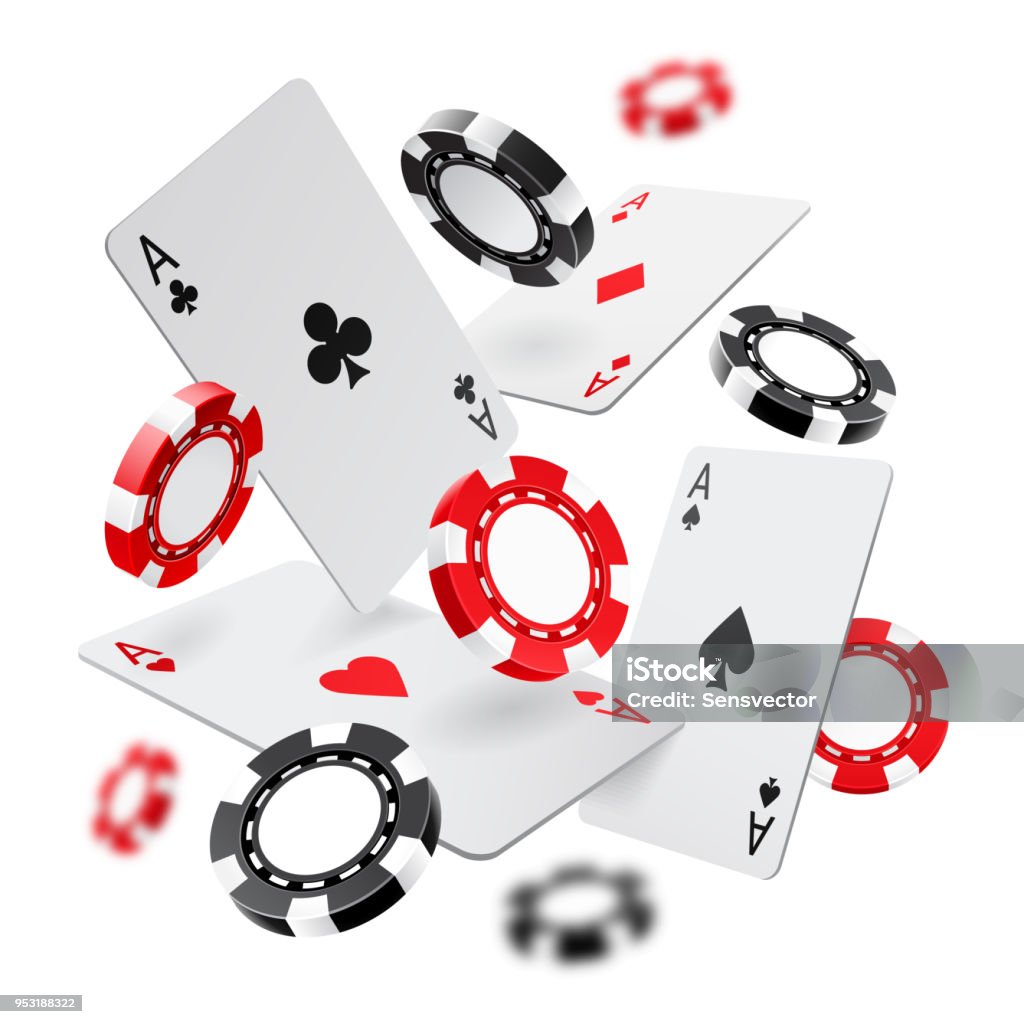 Falling aces and casino chips with blurred elements on white background. Playing cards, red and black money chips fly. The concept of winning or gambling. Poker and card games. Vector illustration Falling aces and casino chips with blurred elements on white background. Playing cards, red and black money chips fly. The concept of winning or gambling. Poker and card games. Vector 3d illustration Playing Card stock vector