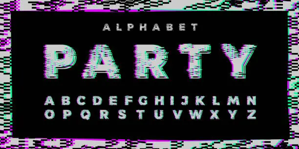 Vector illustration of Abstract distorted glitch colorful font. Trendy style lettering typeface. Old television screen distortion, digital pixel effect. Latin alphabet from A to Z. Vector illustration. Music, party theme