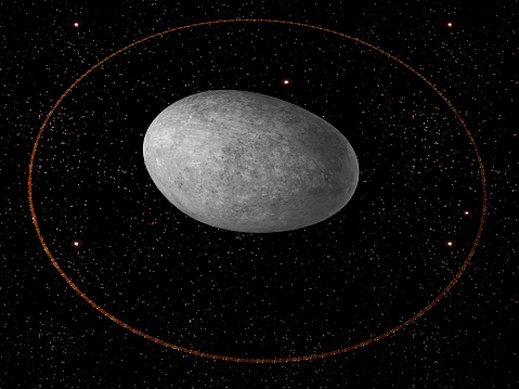 3d render of the dwarf planet Haumea with its single ring
