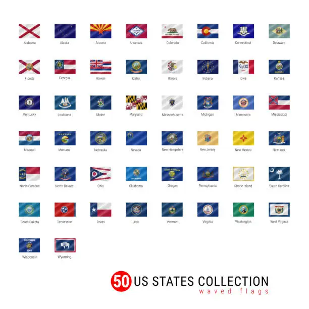 Vector illustration of 50 US States Vector Flag Set. Official Vector Flags of All 50 States. US States Waved Flags with Names