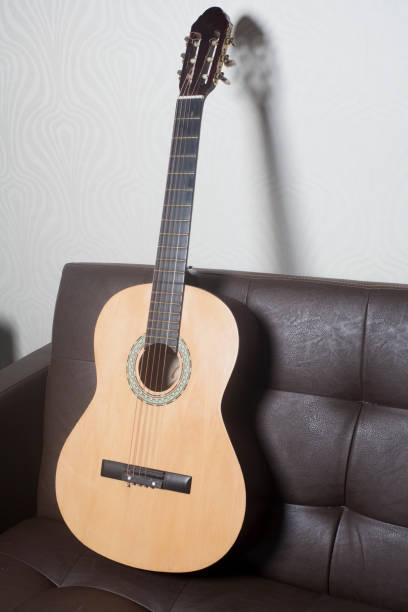 istock Acoustic classic guitar leaning on brown leather sofa 953201642