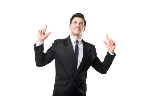 istock Businessman in tie and suit raised his hands up 953207636