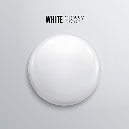 Blank white glossy badge or button. 3d render. Round plastic pin, emblem, volunteer label.