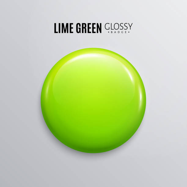 istock Blank lime green glossy badge or button. 3d render. Round plastic pin, emblem, volunteer label. 953211224