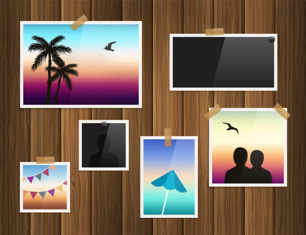 Photo frames attached with adhesive tape and thumbtacks on wood background. Vector. vector art illustration