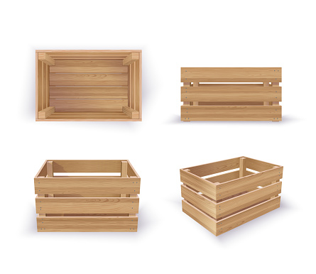 Vector Photo Realistic Empty Wooden Crates Isolated On White. Top, Front And Perspective Views
