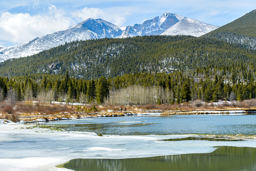 Estes Park, Colorado, USA - March 25, 2018: Tourists hiking at shore of Spring icy Lily Lake, with Mt. Meeker (left, 13,911 ft) and Longs Peak (right, 14,255 ft) rising high in background, in Rocky Mountain National Park.