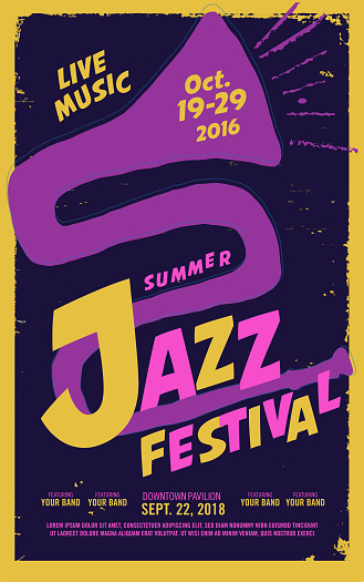 Vector illustration of a Jazz festival night poster design template with hand drawn abstract jazz horn drawing and playful sample text. Fully editable and scalable.
