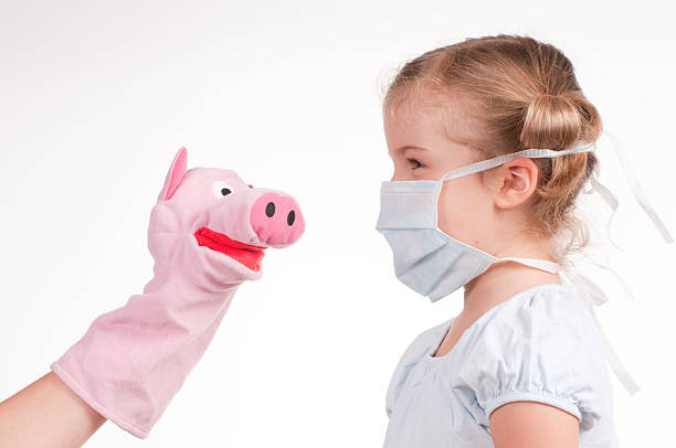 Little girl wearing a protective mask and piggy puppet stock photo