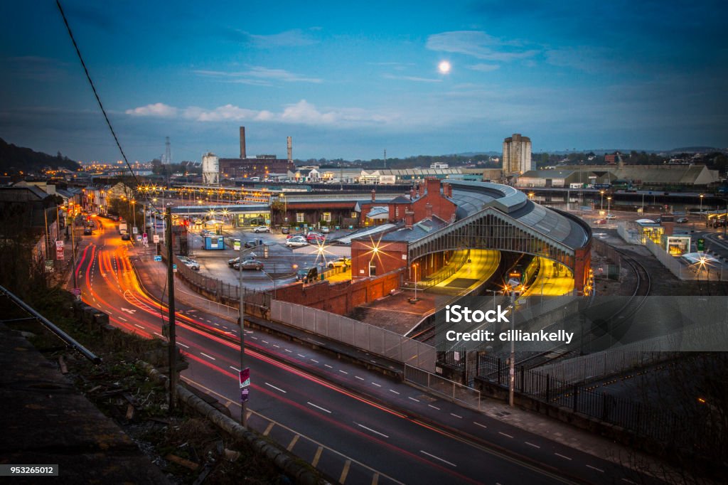 Kent Train Station Cork, Ireland Cork, Ireland - April 29th 2018 : The moon rises over Kent train station in Cork City, Ireland. Cork City Stock Photo