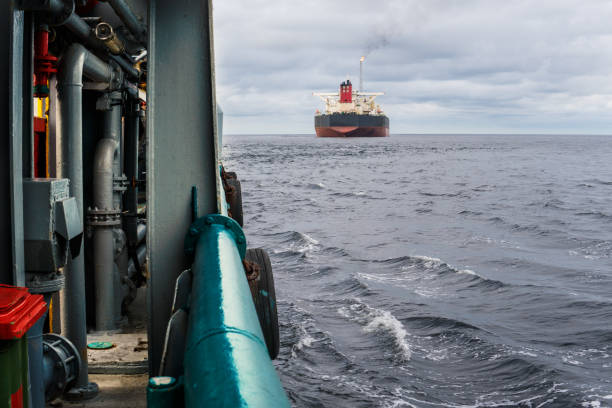 istock View from deck of AHTS ocean tug. Tanker vessel on background. 953267448