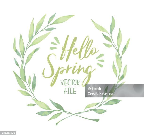 Vector Watercolor Illustration Hello Spring Laurel Wreath Floral Design Elements Perfect For Wedding Invitations Greeting Cards Blogs Logos Prints And More Stock Illustration - Download Image Now