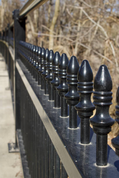 istock Black metal fence with spires in a park setting - design abstract 953268498