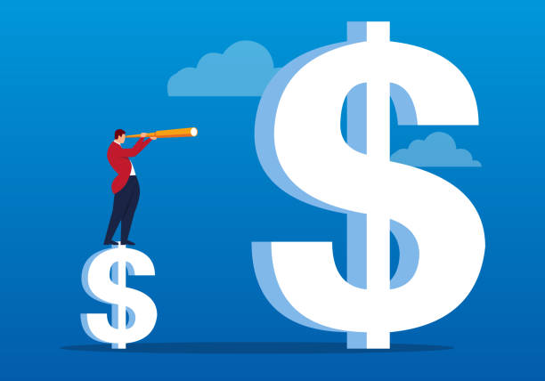Businessman stands on dollar with telescope looking at bigger dollar Businessman stands on dollar with telescope looking at bigger dollar currency chasing discovery making money stock illustrations