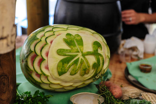 New Bedford, Massachusetts, USA - September 25, 2016: Carved watermelon decorating vendor booth at New Bedford Chowder Festival