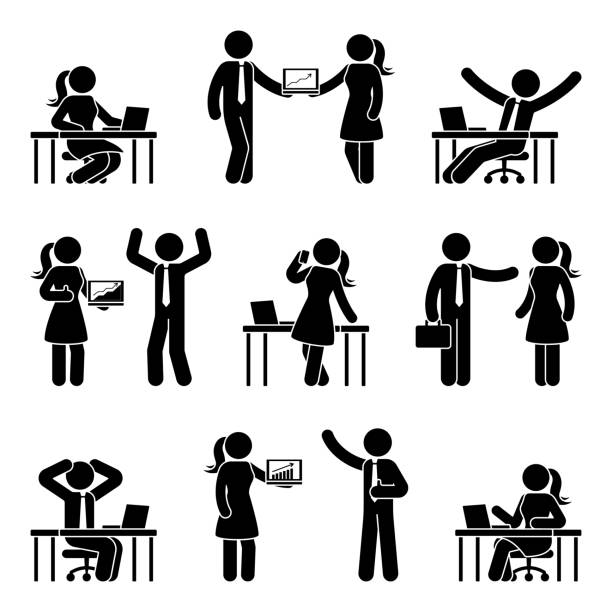 strichmännchen-business-menschen-sets. vektor-illustration von männern und frauen am arbeitsplatz isoliert auf weiss - silhouette financial advisor desk business stock-grafiken, -clipart, -cartoons und -symbole