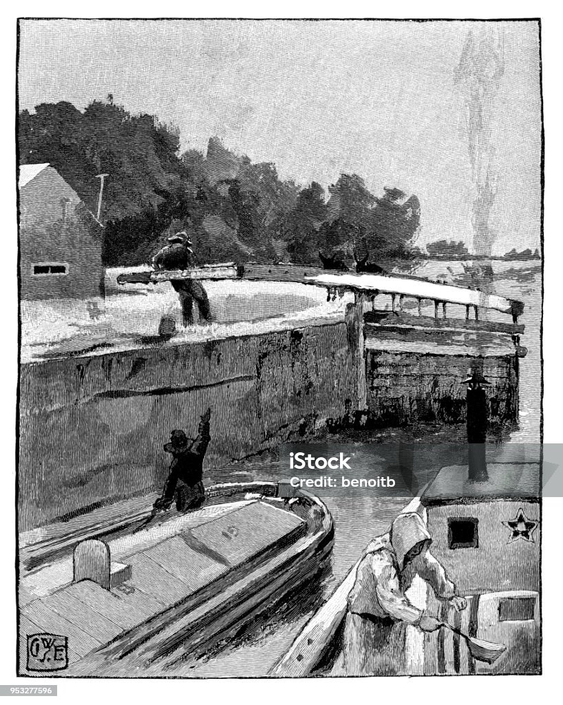 Opening the canal lock gates Opening the canal lock gates - Scanned 1887 Engraving 19th Century stock illustration