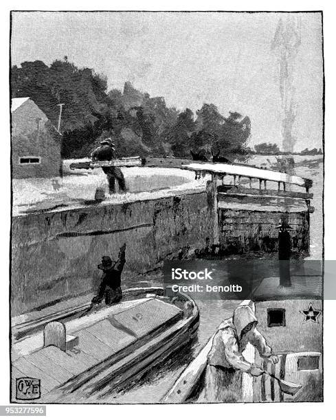 Opening The Canal Lock Gates Stock Illustration - Download Image Now - 19th Century, 19th Century Style, Adult