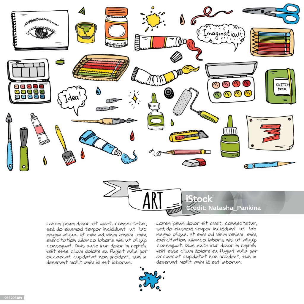 Art and Craft tools icons set Hand drawn doodle Art and Craft tools icons set Vector illustration art instruments symbols collection Cartoon various art tools Brush Watercolor Paint Artist elements on white background Sketch Pen stock vector