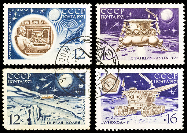 The Soviet stamps about Moon exploration stock photo