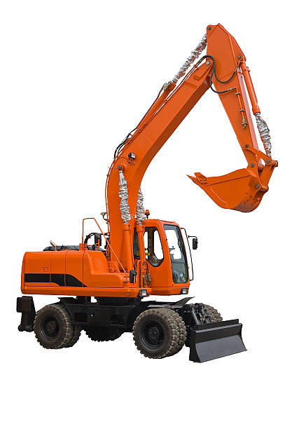 istock Orange wheel excavator with bucket beam and bulldozer blade 95341649