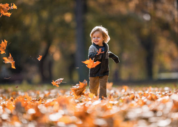 istock Happy little boy having fun while running in autumn. 953425022