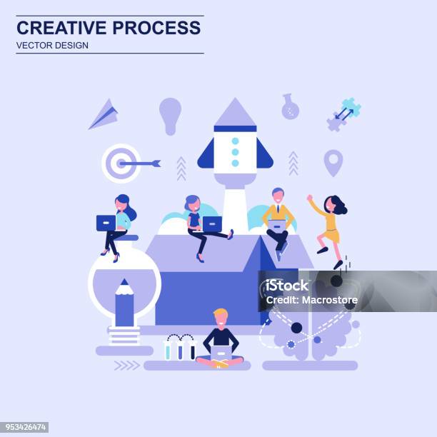Creative Process Flat Design Concept Blue Style With Decorated Small People Character Stock Illustration - Download Image Now