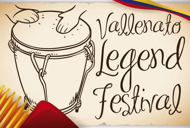 Vector illustration of Hand Drawn Caja Vallenata with Accordion for Vallenato Legend Festival