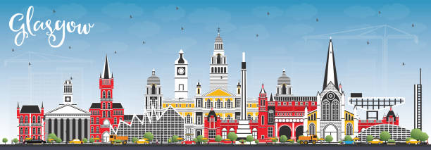 illustrations, cliparts, dessins animés et icônes de ville de glasgow ecosse skyline avec les bâtiments de couleur et de ciel bleu. - glasgow tower