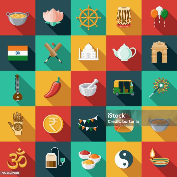 India Flat Design Icon Set With Side Shadow Stock Illustration - Download Image Now - Indian Food, Icon Set, India