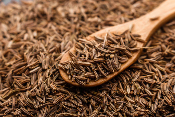 istock Seeds of cumin on a dark stone background 953429268