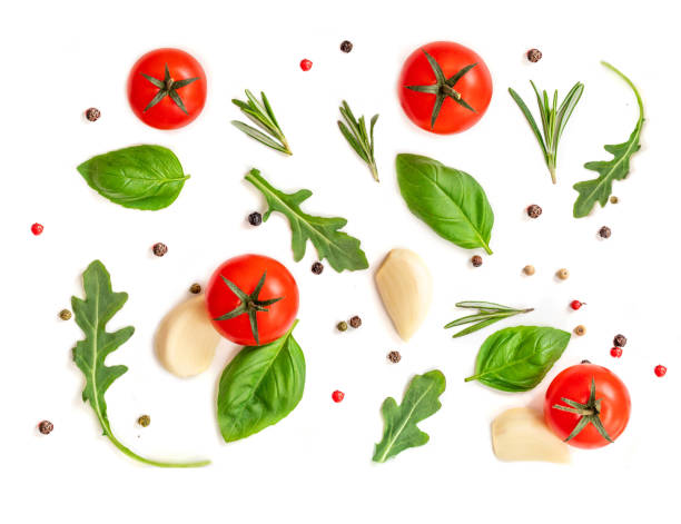 istock Seamless pattern with fresh vegetables, herbs and spices. Isolated on white background. Top view