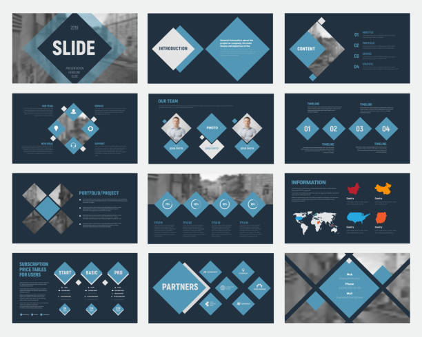 Black vector slides with blue rhombuses for annual business reports. Black vector slides with blue rhombuses for annual business reports. Templates for flyers and banners, advertising. Set blue powerpoint template stock illustrations