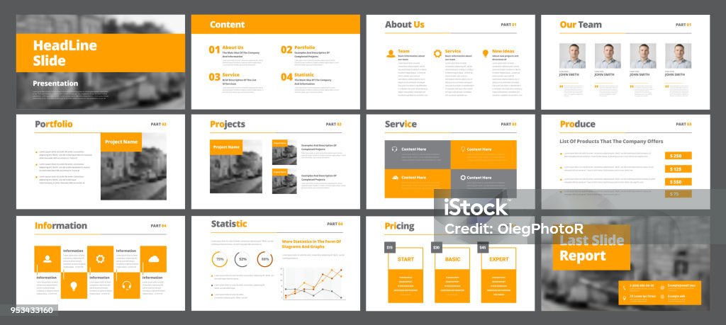 Template of white vector slides for presentations and reports with orange rectangles and squares. Template of white vector slides for presentations and reports with orange rectangles and squares. Universal design for business and advertising. Set Slide Show Presentation Software stock vector