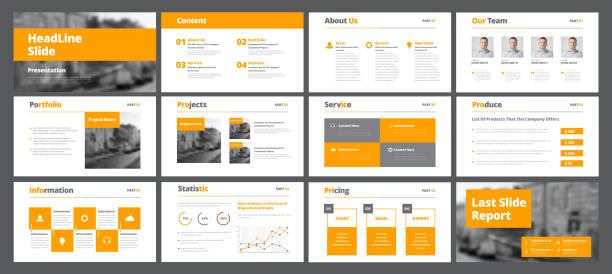 Template of white vector slides for presentations and reports with orange rectangles and squares. Template of white vector slides for presentations and reports with orange rectangles and squares. Universal design for business and advertising. Set annual event photos stock illustrations