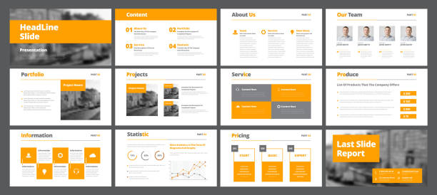 Template of white vector slides for presentations and reports with orange rectangles and squares. Template of white vector slides for presentations and reports with orange rectangles and squares. Universal design for business and advertising. Set slide show presentation software stock illustrations