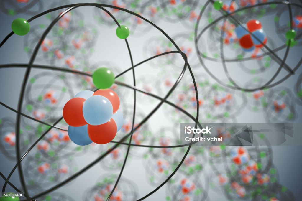 Elementary particles in atom. Physics concept. 3D rendered illustration. Atom Stock Photo