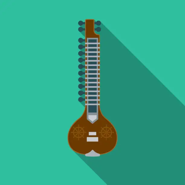 Vector illustration of Sitar Flat Design India Icon with Side Shadow