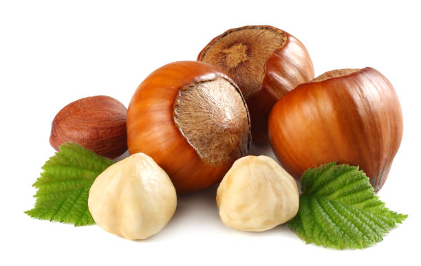 istock hazelnuts with leaves isolated on white background. macro 953439052