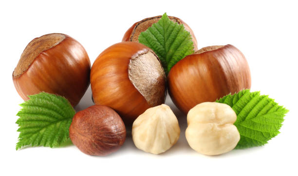 istock hazelnuts with leaves isolated on white background. macro 953439288