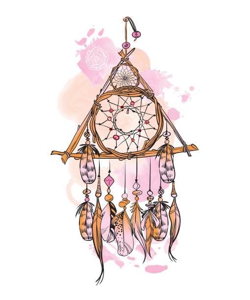 ilustracja wektorowa z ręcznie rysowanym łapaczem snów i plamami akwarelowymi. pióra i koraliki. - dreamcatcher symbol mystery catching stock illustrations