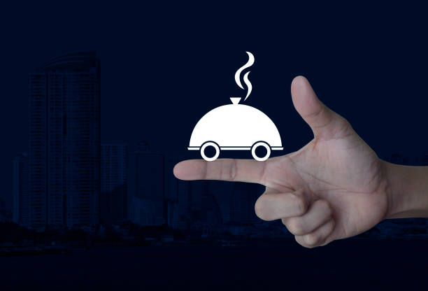 Restaurant cloche flat icon on finger over world map and modern city tower, Food delivery concept