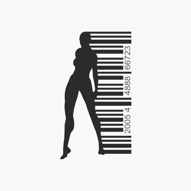 human trafficking relative image Bar code and woman silhouette. Human trafficking theme slave market stock illustrations