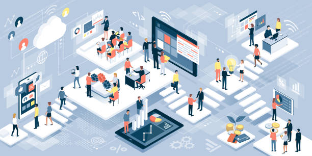Business people and technology Isometric virtual office with business people working together and mobile devices: business management, online communication and finance concept solution illustrations stock illustrations