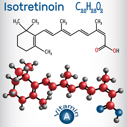 Isotretinoin is a retinoid, it is related to vitamin A  Structural chemical formula and molecule model. Vector illustration