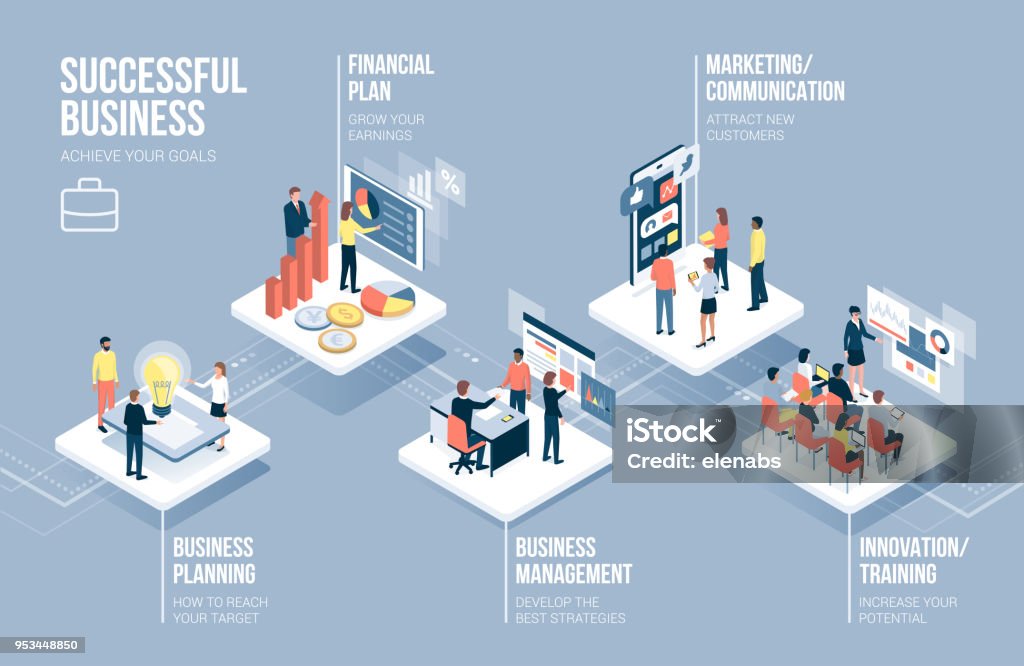 Business and technology infographic Business and technology infographic with corporate people working together on app buttons and business concepts Isometric Projection stock vector
